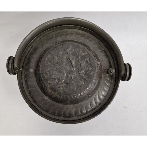 145 - Vintage pewter lidded bucket / pail, the lid decorated with mythical creature and crown, the sides w... 