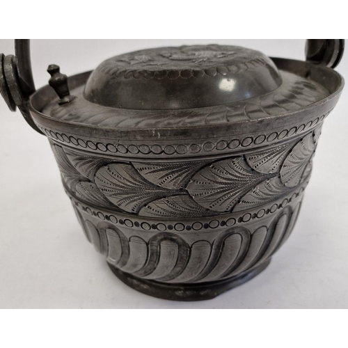 145 - Vintage pewter lidded bucket / pail, the lid decorated with mythical creature and crown, the sides w... 