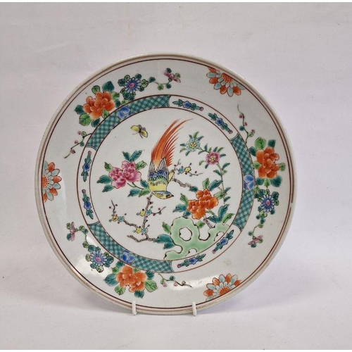 15 - Oriental porcelain plate, polychrome decorated with exotic bird on paeony branches to the centre, 28... 