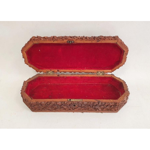 154 - Eastern carved hardwood box with hinged lid and red velvet interior (29 x 6.5 x 11 cm)