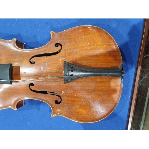 173 - Vintage violin (59 cm) in case, with Richard Peat label, with bow and accompanying photograph