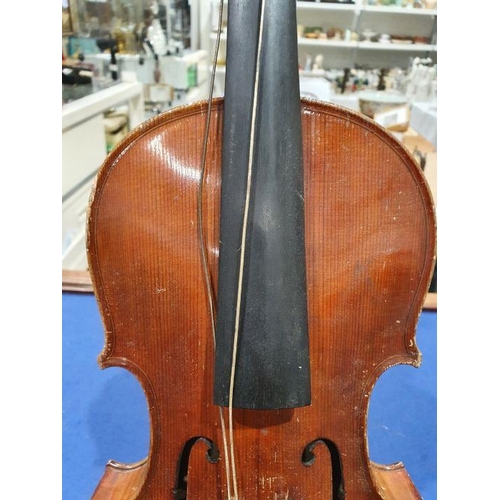 173 - Vintage violin (59 cm) in case, with Richard Peat label, with bow and accompanying photograph