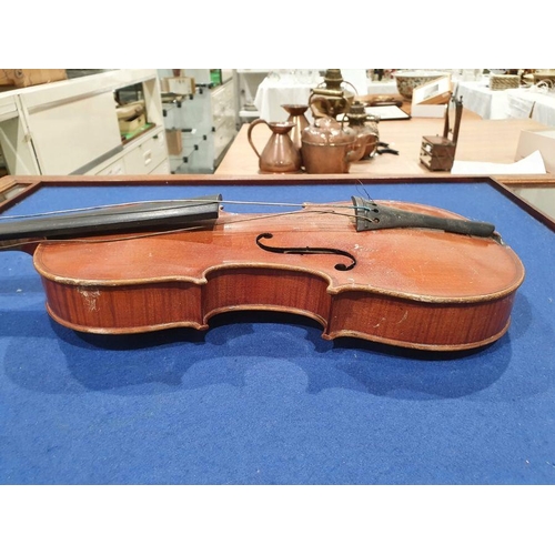 173 - Vintage violin (59 cm) in case, with Richard Peat label, with bow and accompanying photograph