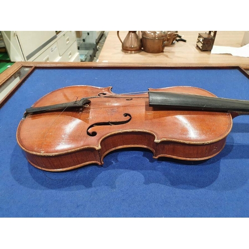 173 - Vintage violin (59 cm) in case, with Richard Peat label, with bow and accompanying photograph