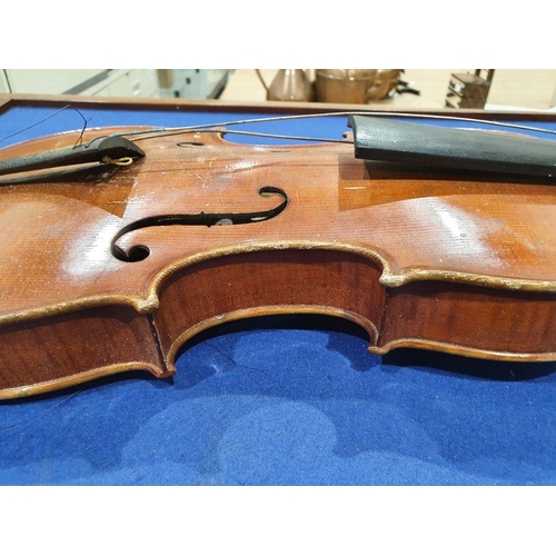 173 - Vintage violin (59 cm) in case, with Richard Peat label, with bow and accompanying photograph