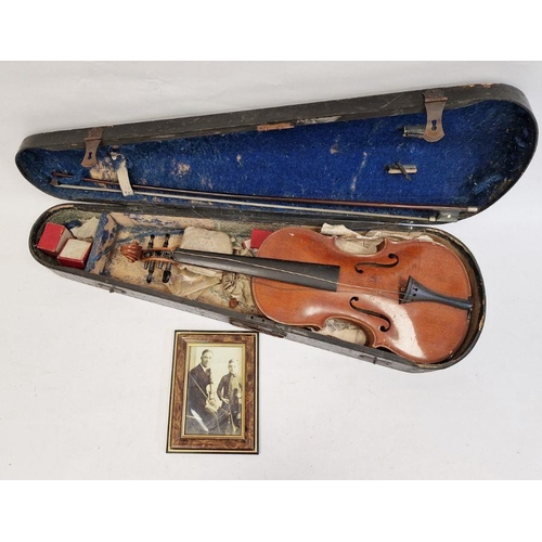 173 - Vintage violin (59 cm) in case, with Richard Peat label, with bow and accompanying photograph