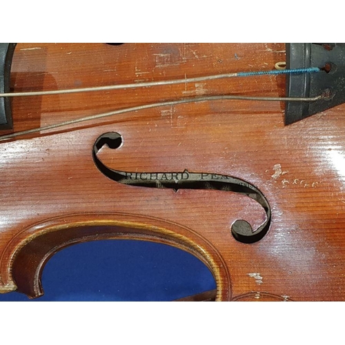 173 - Vintage violin (59 cm) in case, with Richard Peat label, with bow and accompanying photograph