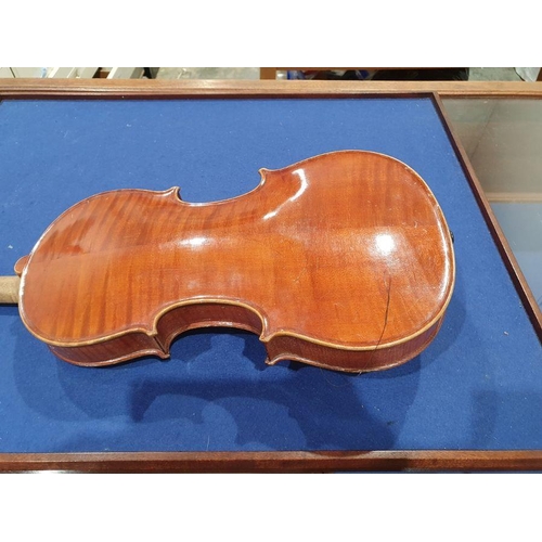 173 - Vintage violin (59 cm) in case, with Richard Peat label, with bow and accompanying photograph