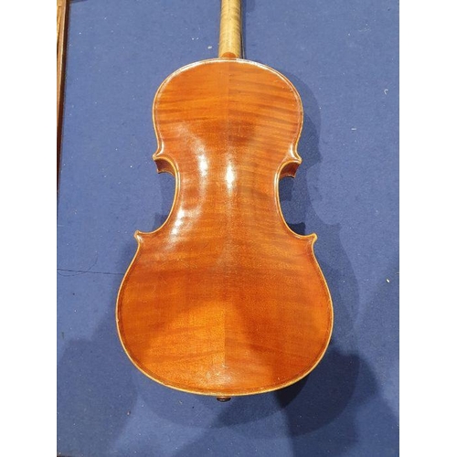 173 - Vintage violin (59 cm) in case, with Richard Peat label, with bow and accompanying photograph