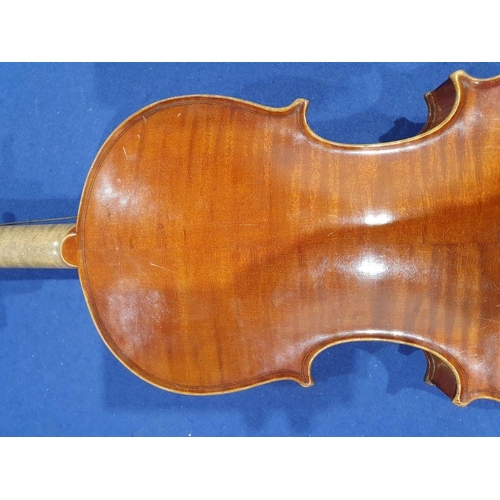 173 - Vintage violin (59 cm) in case, with Richard Peat label, with bow and accompanying photograph