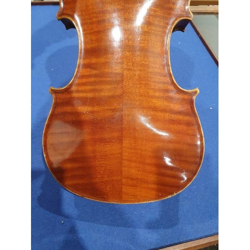 173 - Vintage violin (59 cm) in case, with Richard Peat label, with bow and accompanying photograph