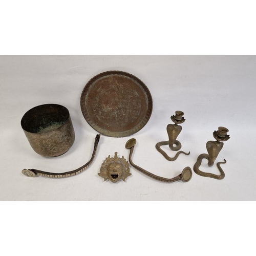 177 - Eastern-style jardiniere (16 x 18 cm) and other metalwares to include mask and candlesticks