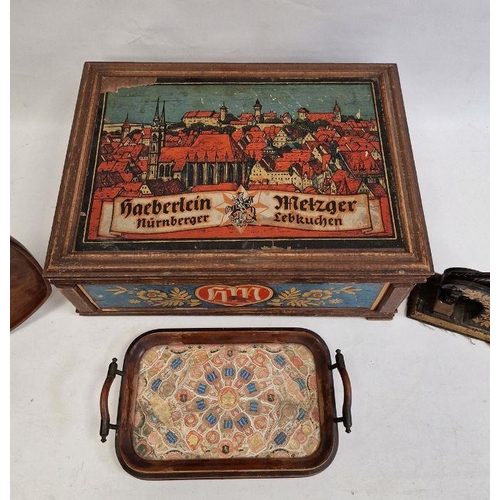 182 - German painted box, a stamp, a small tray with cigarette paper decoration and a treen bowl (4)