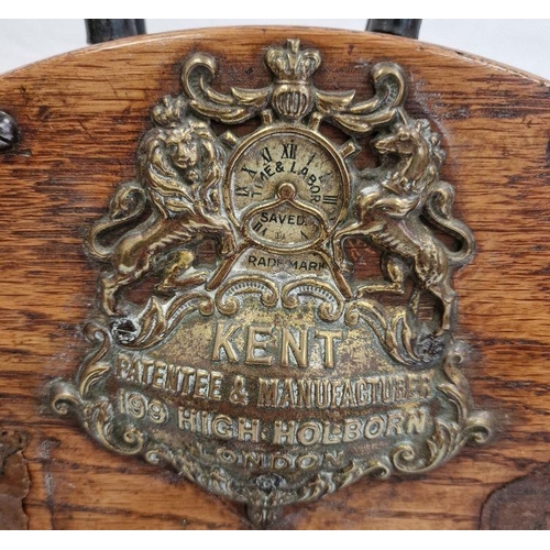 186 - Oak and iron knife shapener/polisher marked '190 High Holborn, London', Kents patent with brass plaq... 