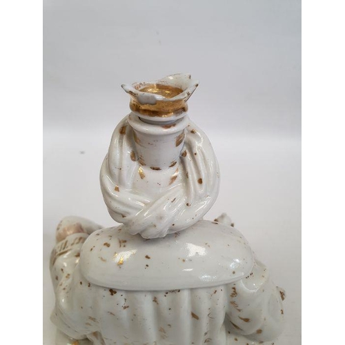 25 - Pair Continental porcelain scent bottle candle holders each of seated figure of an Eastern couple, e... 