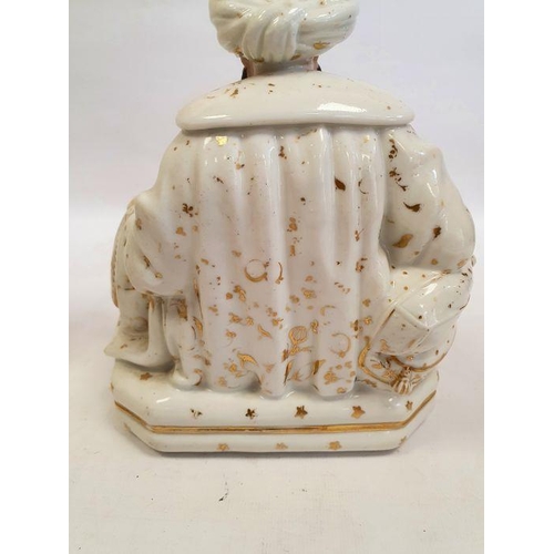 25 - Pair Continental porcelain scent bottle candle holders each of seated figure of an Eastern couple, e... 