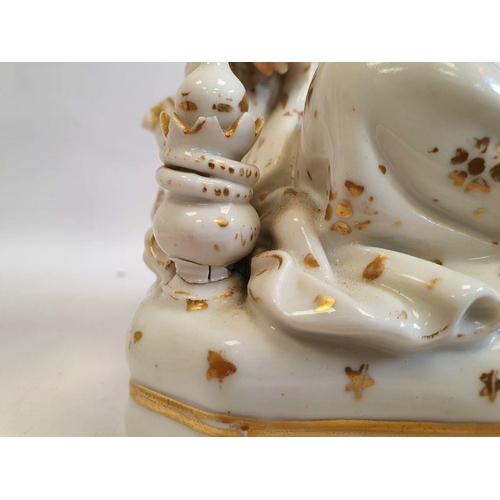 25 - Pair Continental porcelain scent bottle candle holders each of seated figure of an Eastern couple, e... 