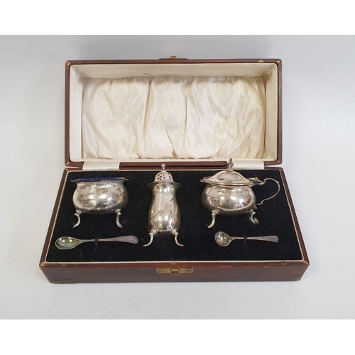 253 - Silver three-piece cruet, all with serpentine rim and blue glass liner, Birmingham 1931, cased