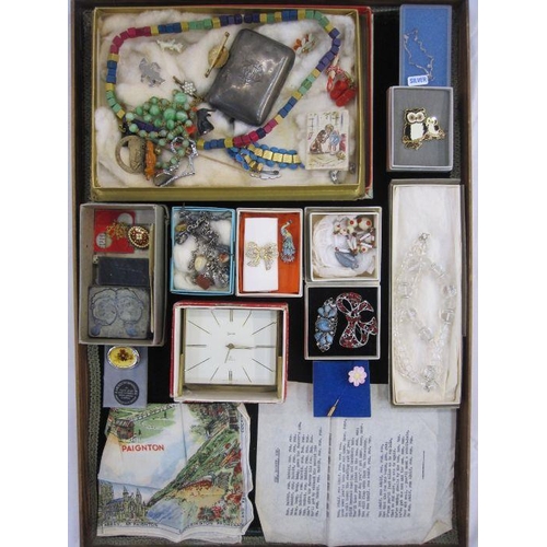 285 - Assorted costume jewellery and items to include Swiza bedside alarm clock in original box, Bone chin... 