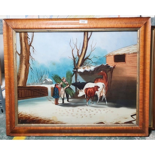 316 - Early 20th century school
 Reverse painting on glass
 Farm scene, 41cm x 54cm