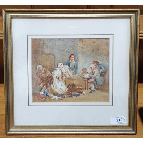 319 - 19th century school
 Watercolour
 Interior scene with figures in discussion, unsigned, 15cm x 18cm 
... 