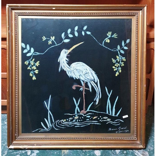 328 - Mamie Grant (20th century)
 Painting on fabric
 Stork, signed and dated 1913 lower right, 55cm x 53c... 