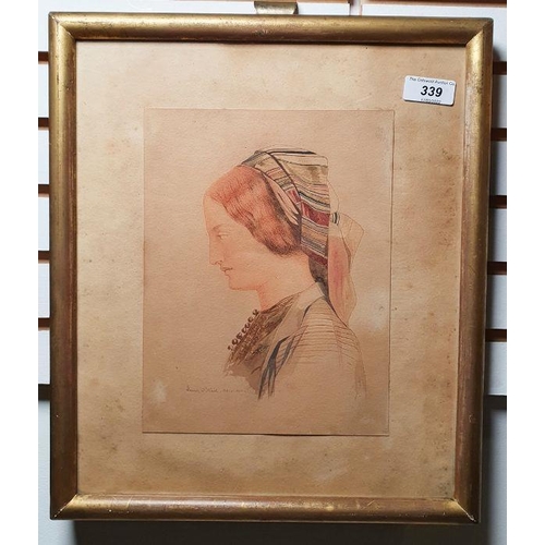 339 - Henry O'Neil (19th century school)
 Watercolour
 Study of figure in headscarf, signed 'Henry O'Neil'... 