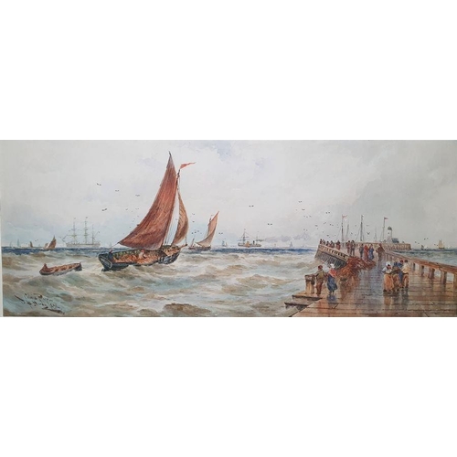 344 - Thomas Bush Hardy (1842-1897)
 Watercolour
 Sailing boat in choppy seas by pier, named 'Calais Pier'... 