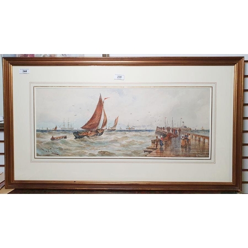 344 - Thomas Bush Hardy (1842-1897)
 Watercolour
 Sailing boat in choppy seas by pier, named 'Calais Pier'... 