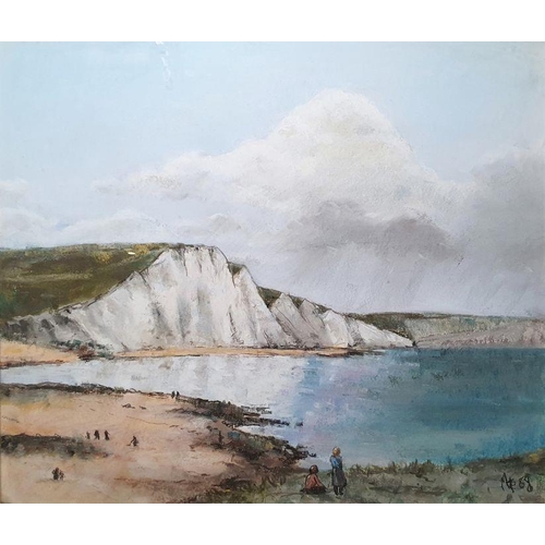 345 - 20th century school
 Pastel and charcoal drawing
 Coastal scene with white cliffs and figures in for... 