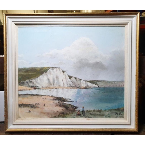 345 - 20th century school
 Pastel and charcoal drawing
 Coastal scene with white cliffs and figures in for... 