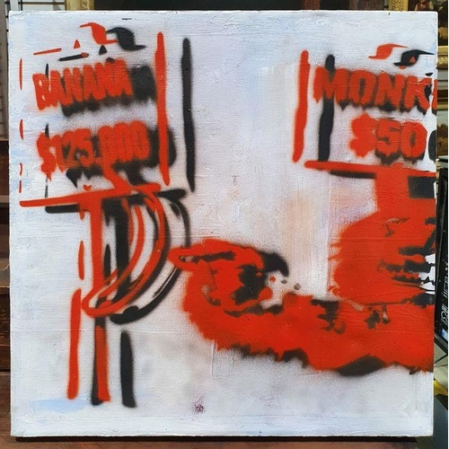 366 - Urbanksy
 Oil on canvas
 grafitti-type study with white ground and black and red, 41.5cm x 41.5cm, u... 