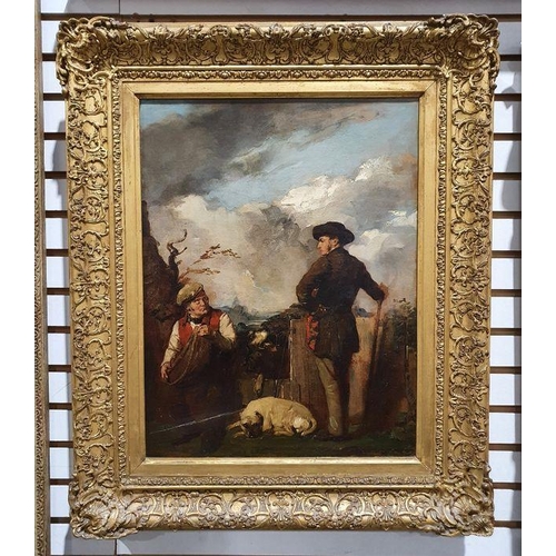 375 - 19th century school
 Oil on canvas
 Gamekeeper and gun, unsigned, 43.5cm x 33.5cm