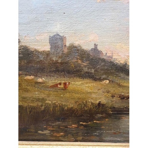 383 - William McEvoy (fl. 1858-1880)
 19th century river landscape with church on left bank, cattle wateri... 