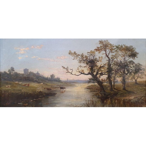 383 - William McEvoy (fl. 1858-1880)
 19th century river landscape with church on left bank, cattle wateri... 