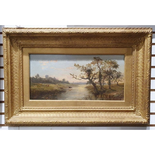 383 - William McEvoy (fl. 1858-1880)
 19th century river landscape with church on left bank, cattle wateri... 