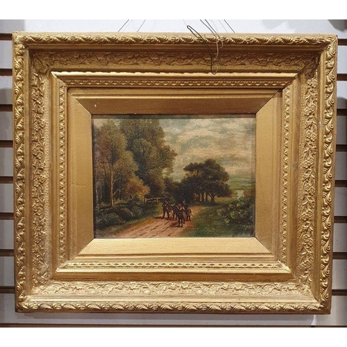 388 - 19th century school
 Oil on canvas
 Figures on path in landscape, unsigned, 16cm x 21.5cm