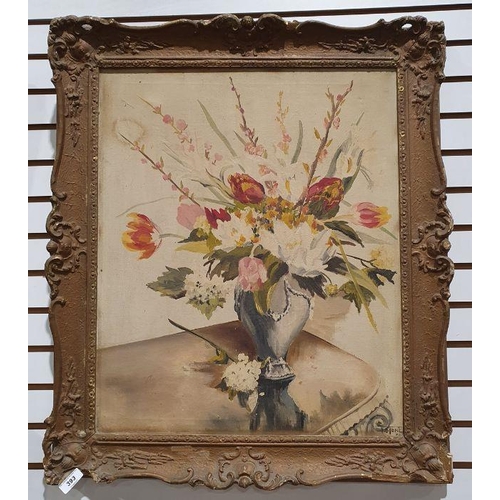 393 - T Stone (20th century school)
 Oil on canvas
 Still life study of flowers in vase, signed lower righ... 