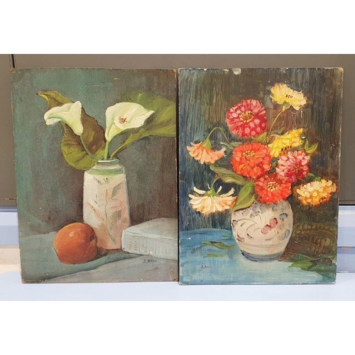 394 - Two bags of oils on boards by J. Ball, 1960's various still lifes, etc, large quantity