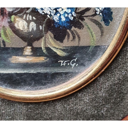 396 - Three 20th century oval miniature oil still lives (8.5 x 7 cm), and after Wheatley print (17 cm diam... 