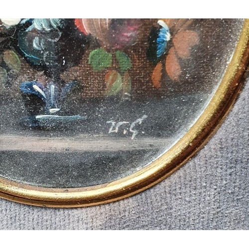 396 - Three 20th century oval miniature oil still lives (8.5 x 7 cm), and after Wheatley print (17 cm diam... 