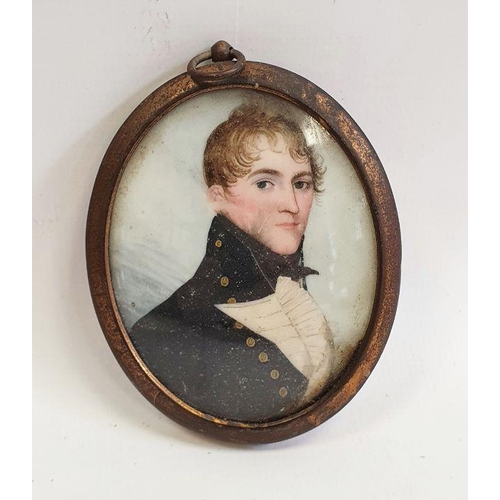 397c - Miniature on ivory, 
 Head and shoulders of early nineteenth century gentleman in military coat 5.5 ... 