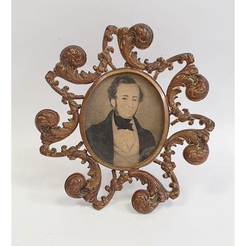 397 - Nineteenth century miniature on paper, half-length portrait of Victorian gentleman in black cravat, ... 