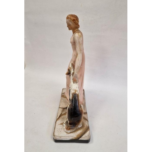 4 - Art Deco plaster group of woman with borzoi hound, on rectangular base, 53cm high, 41 cm wide approx... 