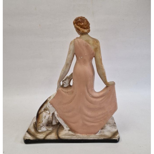 4 - Art Deco plaster group of woman with borzoi hound, on rectangular base, 53cm high, 41 cm wide approx... 