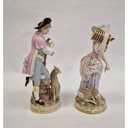 58 - Pair Meissen figures, the lady holding letter, bird in cage on her shoulder and lamb at her feet, we... 