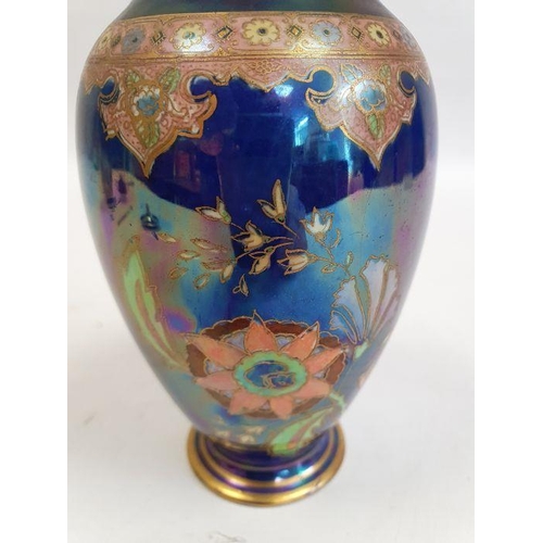 64 - Carltonware lustre vase and cover, ovoid, floral decorated on a blue ground, 17cm high and a lustre ... 