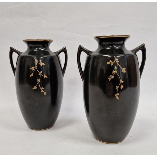 66 - Pair 20th century pottery vases, ovoid and two handled, black ground and decorated with figures in g... 