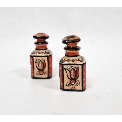 76 - Pair miniature porcelain scent bottles and stoppers, each square and painted with insects and lady i... 