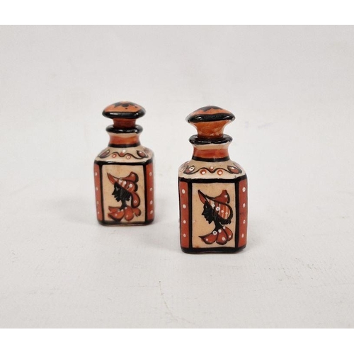 76 - Pair miniature porcelain scent bottles and stoppers, each square and painted with insects and lady i... 